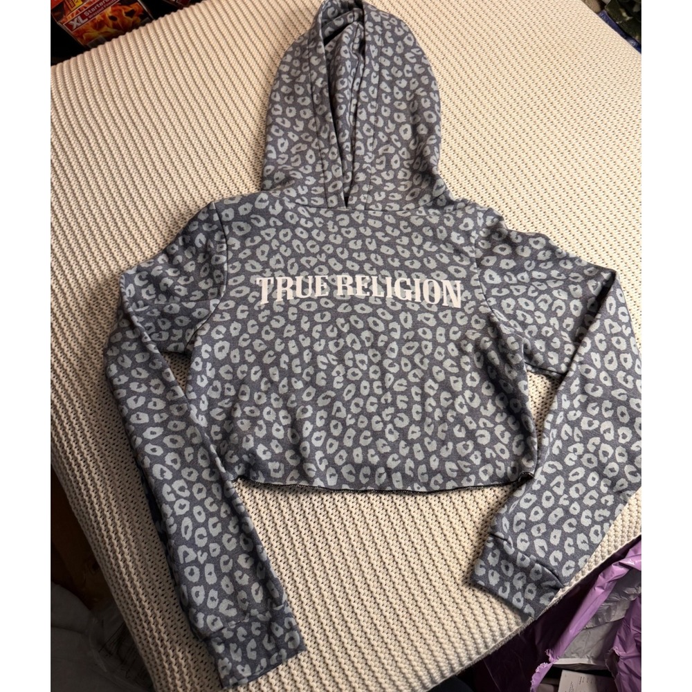 True Religion Womens Leopard Print Cropped Hoodie Grey Blue Logo Small USA